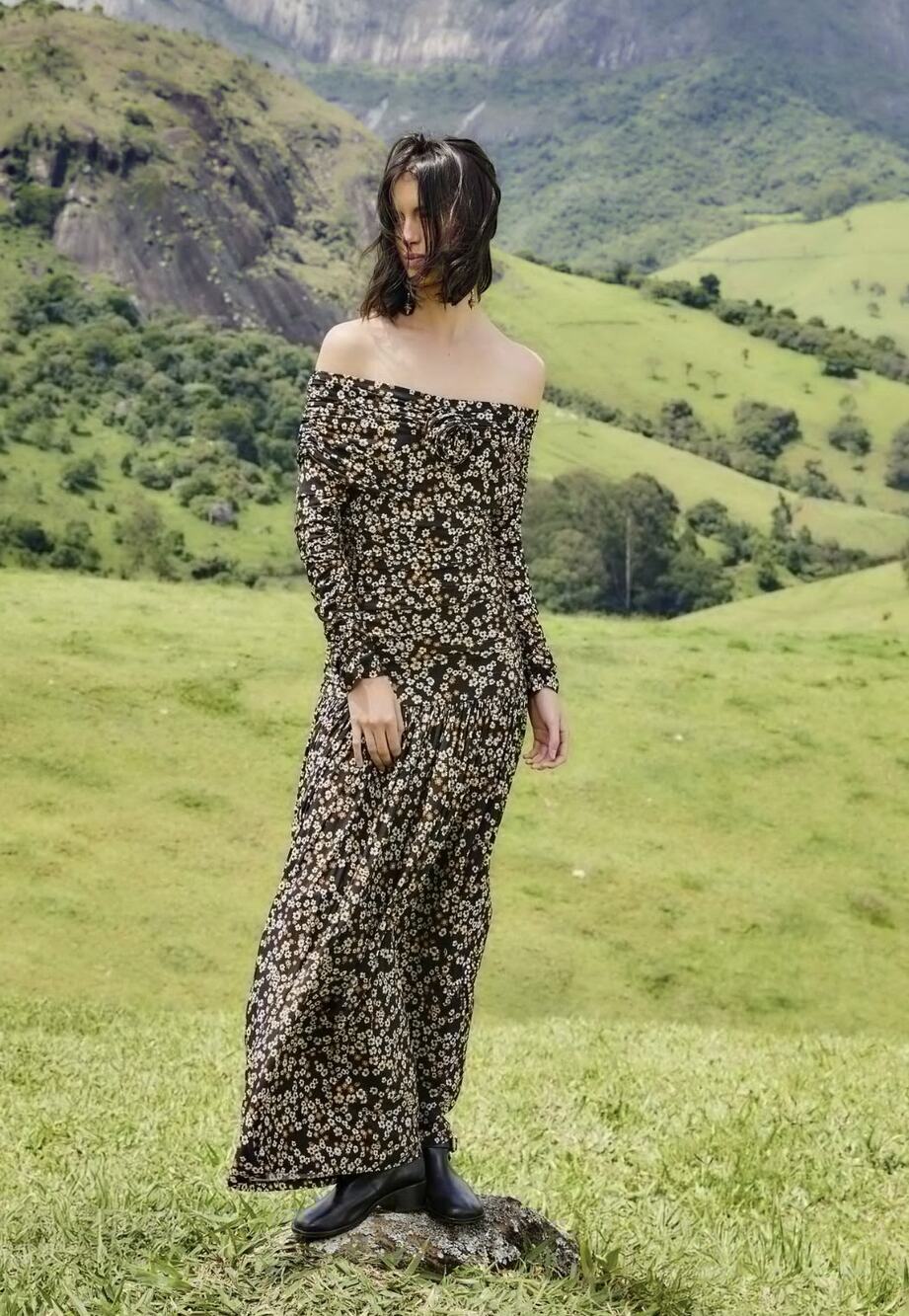 Farm Rio black tiny flowers long sleeve maxi dress
